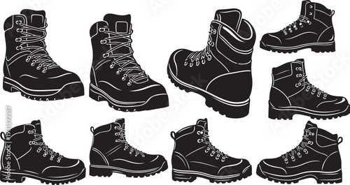 Collection of black hiking boots in various positions shown