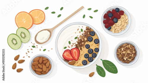 Delicious healthy breakfast bowl with fresh fruits and nuts