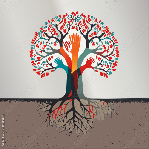 Symbolic tree of life with human hands and figures representing unity.