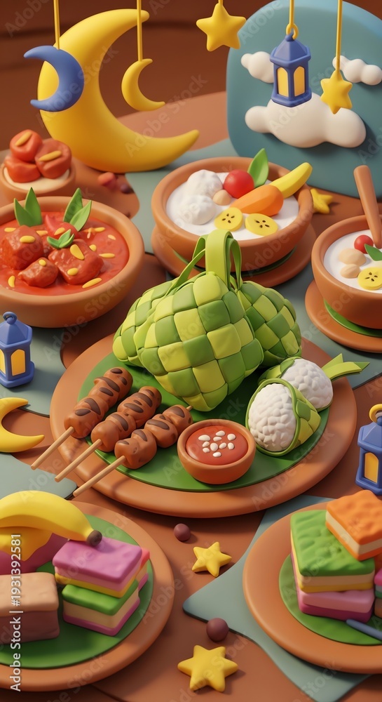 Fototapeta premium Ramadan Feast: Ketupat, Satay, Desserts, and Festive Decorations