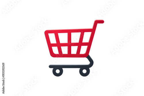 A red shopping cart with black wheels. The cart is empty. The cart is on a white background, png