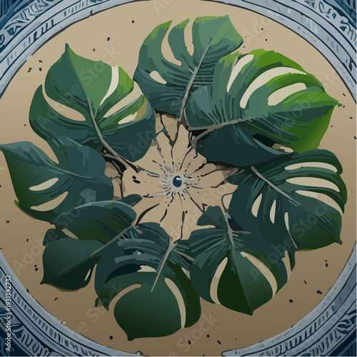 Artistic circular arrangement of green Monstera deliciosa leaves.
