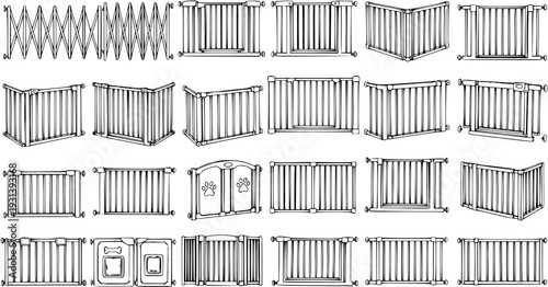 Vector Collection of Baby and Pet Safety Gates in Different Styles, Black and White Line Art