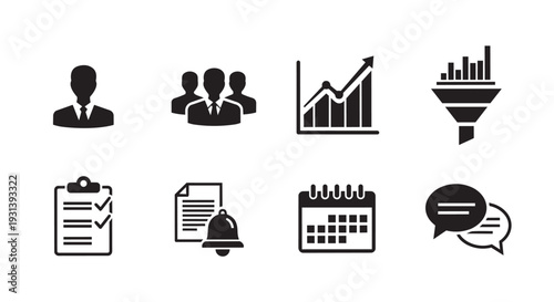 Business icons set including graphs, people, and documents