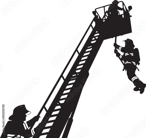 Firefighters on a ladder with one man being lowered
