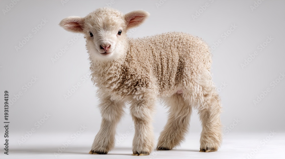 Fototapeta premium Adorable Baby Lamb Standing on White Background – Fluffy Farm Animal Portrait