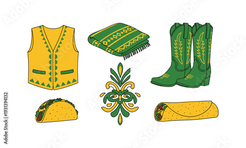 Folklore mexican icons with charro vest green boots and delicious taco silhouette vector art