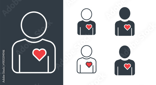 Collection of simple user profile vector icons featuring a prominent heart symbol on the chest area