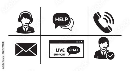 Customer support icons set in black and white