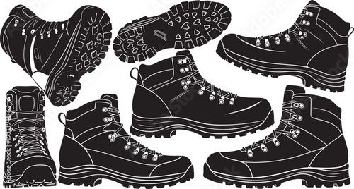 Collection of black hiking boots in various positions shown