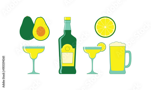 Mexican drinks and appetizer set with margarita tequila and avocado silhouette vector icons