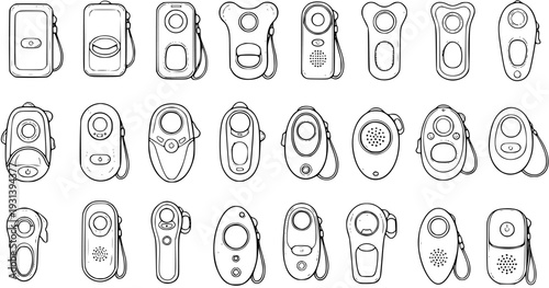 Set of Various Pet Training Clickers, Hand-Drawn Line Art Illustration Collection in Different Shapes and Designs for Animal Behavior Modification Tools