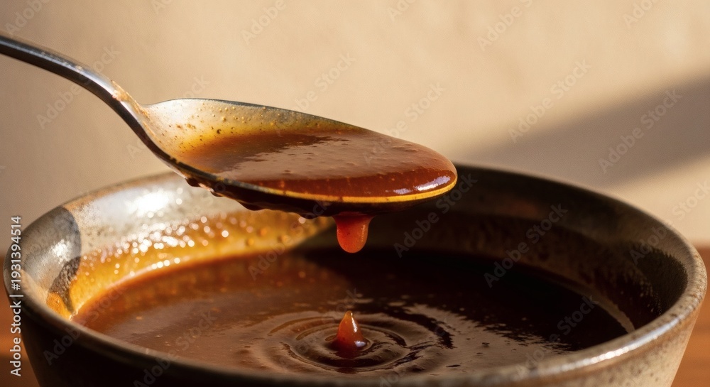 Fototapeta premium Golden honey drizzling over spoon into dark brown sauce in ceramic bowl close-up food photography perfect for Filipino Food Month
