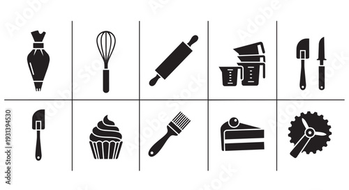 Black icons of baking tools and desserts on white background