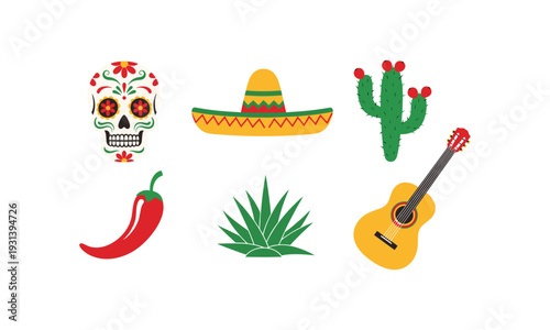 Mexican themed vector illustration with sugar skull, sombrero, cactus, chili, agave, guitar