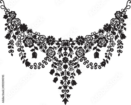 Elegant floral necklace silhouette vector jewelry pattern with roses line art illustration