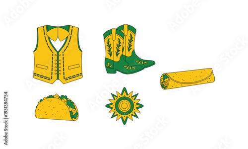 Mexican traditional apparel and food icons featuring vest boots and taco silhouette vector