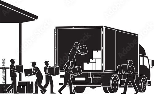 Logistics workers loading truck silhouette vector delivery team concept line art illustration