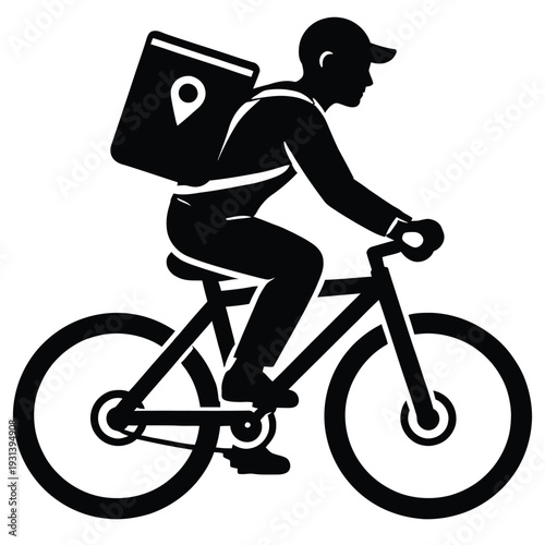 Delivery courier on bicycle silhouette icon with backpack on transparent background