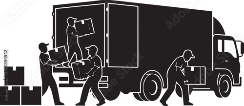 Movers loading boxes into truck silhouette vector illustration line art moving service