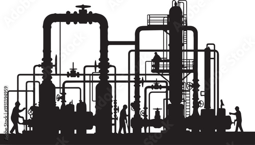 Oil refinery plant silhouette vector with complex pipe system and engineers working scene
