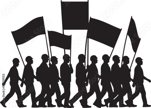 Silhouette protest march with flags vector illustration line art
