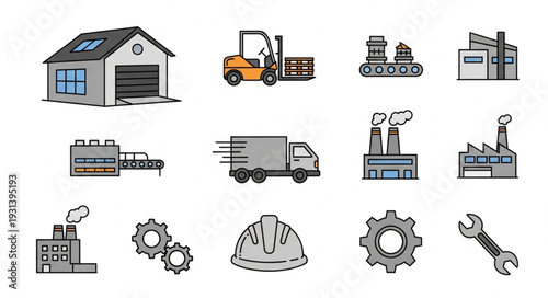 Industrial Icons and Machinery Symbols.