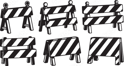 Various Black and White Construction Barriers and Signs Illustration