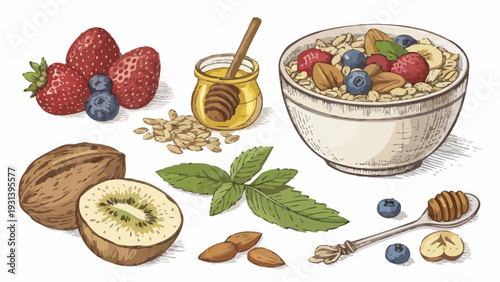 Delicious healthy breakfast bowl with fresh fruits and nuts