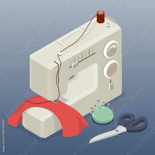 3d flat isometric vector illustration of a sewing machine. Sewing tools, needlework, hobbycraft, workplace.