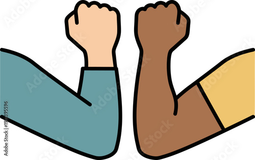 Two diverse arms performing an elbow bump greeting, symbolizing social distancing and unity during a pandemic.