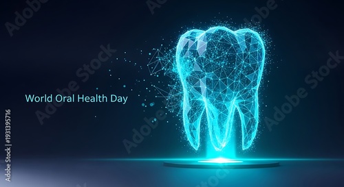 World oral health day with a glowing tooth illustration on dark blue background