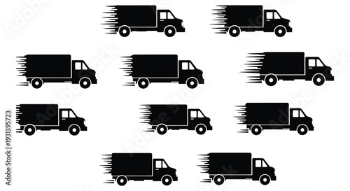 Seamless vector illustration pattern of fast moving black delivery trucks for modern logistics and shipping design.
