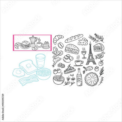 Hand Drawn French Breakfast and Paris Icons Collage Doodle Style