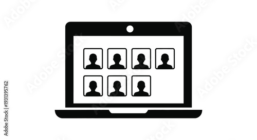 Simple black and white vector graphic illustration of a laptop displaying multiple user profile icons in a grid layout
