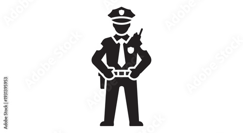 Confident police officer standing with hands on hips and radio in hand