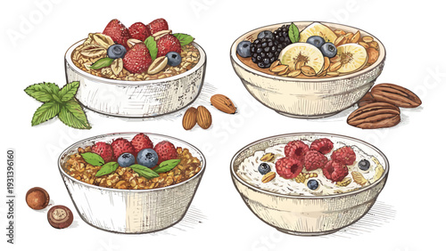 Delicious bowls of oatmeal with fresh berries and nuts