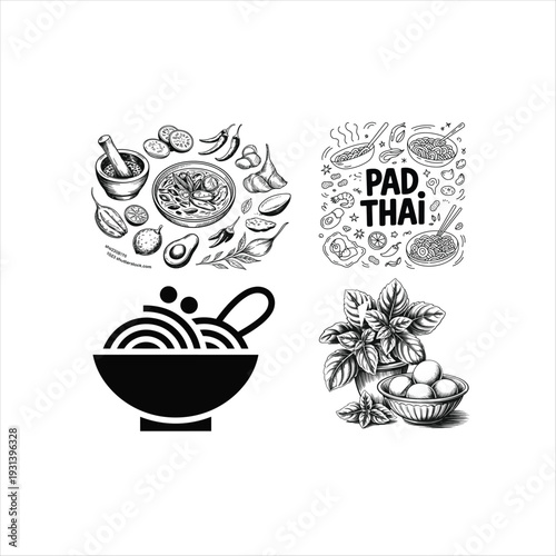 Thai Food Ingredients and Dishes Illustrated Collage Noodles Pad Thai Basil Eggs