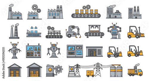 Industrial Icons and Machinery Illustrations.