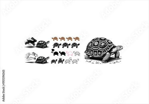 Tortoises racing rabbits and a large tortoise illustration concept of speed and slowness