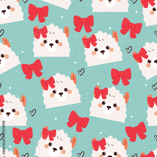 cute seamless pattern hand drawn cartoon llama with red bow. cute animal background pattern. blue background