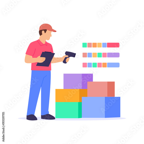 Inventory Monitoring, supervising stock levels efficiently daily, Flat vector character illustration