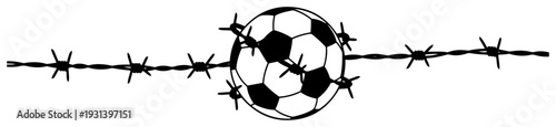 Soccer ball wrapped in sharp barbed wire representing football conflict or competition struggle