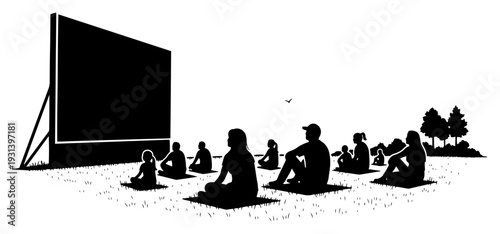 People watching a movie on a large screen at an outdoor open air cinema event