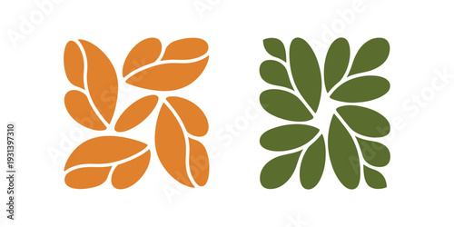 Orange and green leaf shapes on white background leaves