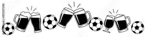 Festive horizontal border featuring beer mugs clinking and soccer balls for sports celebration