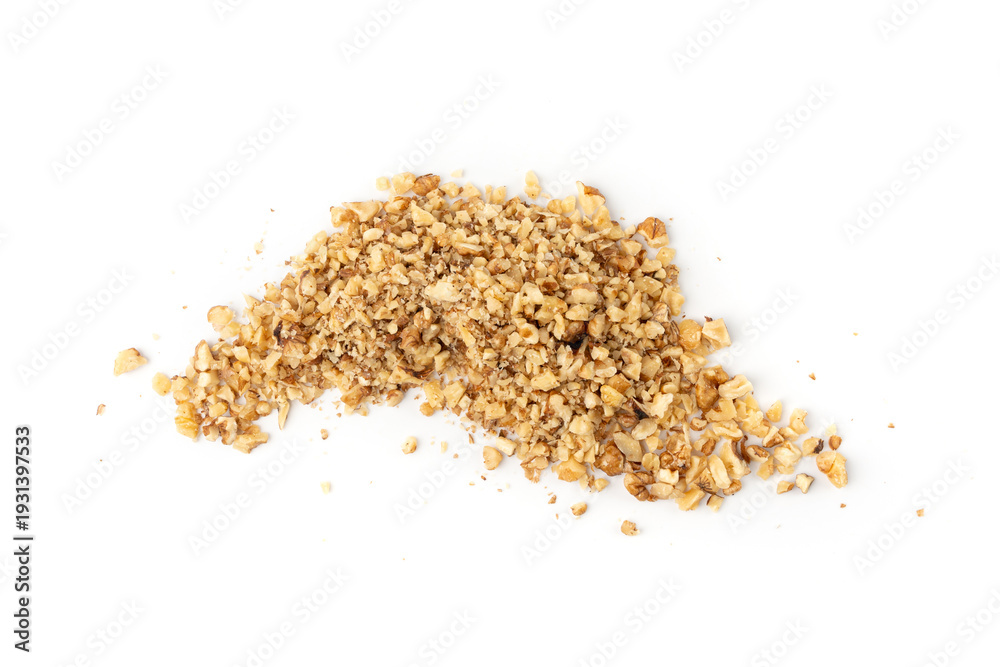 Obraz premium Grated wallnut , broken roasted walnuts, heap of nuts crumbs, whole kernel pieces, fractions