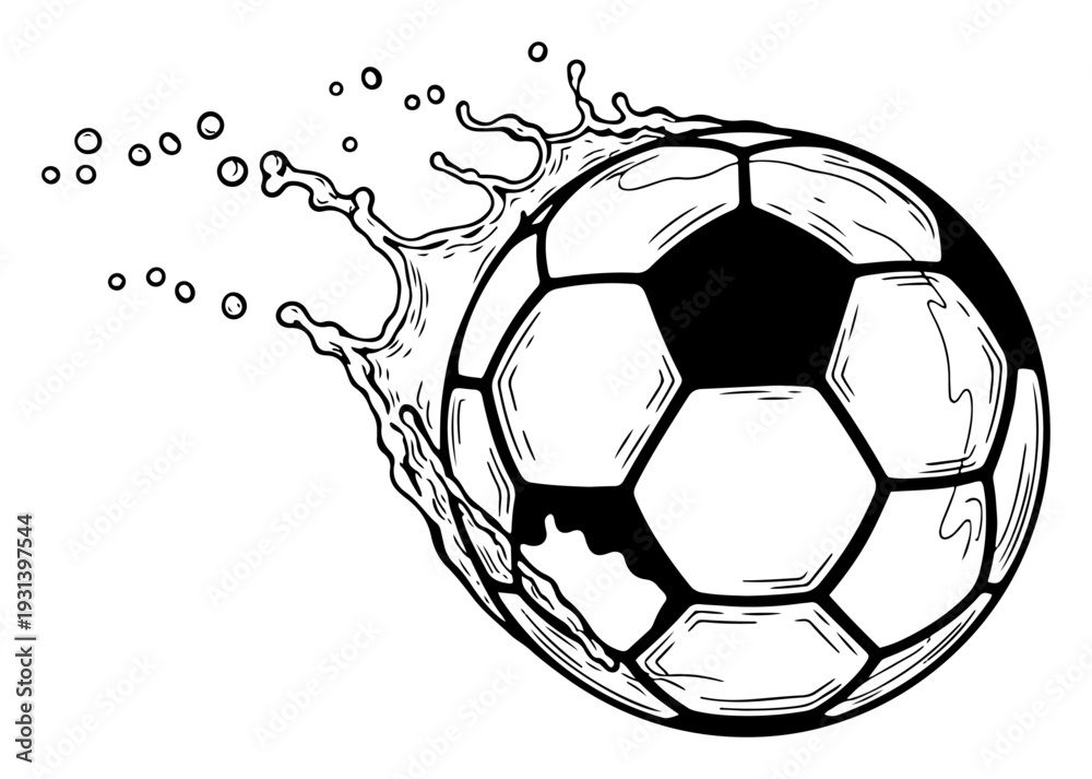 Naklejka premium Dynamic soccer ball illustration with water splash effect and liquid drops in graphic style
