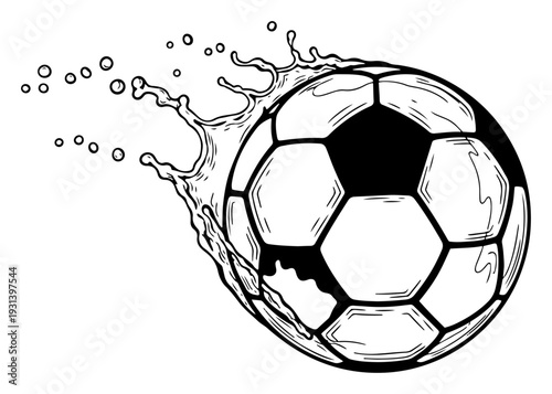 Dynamic soccer ball illustration with water splash effect and liquid drops in graphic style
