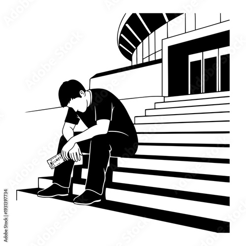 Sad disappointed man sitting on stadium stairs holding a ticket after losing a match